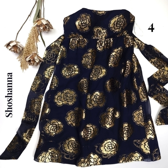 Shoshanna Sheer Blue Navy Gold Floral Strapless Dress Sz 4
